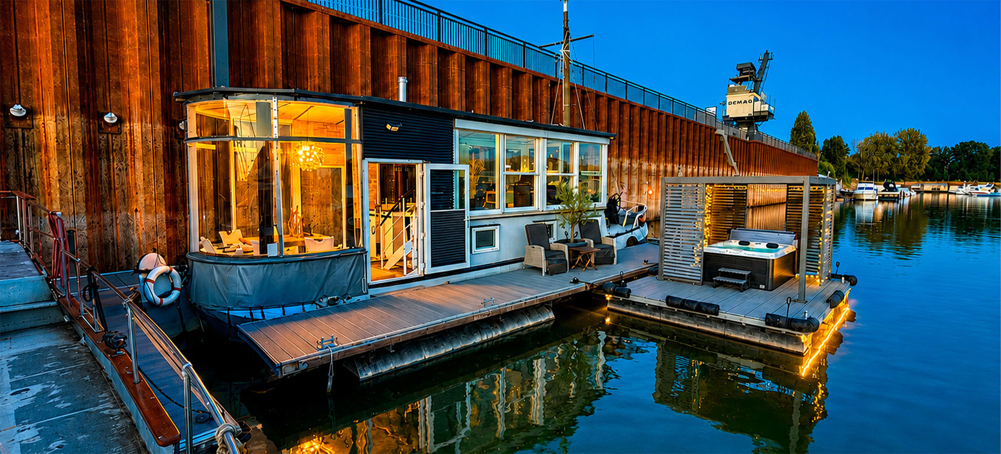 Hafen Residenz Hausboot bei Abendlicht mit Whirlpool am Hitdorfer Hafen